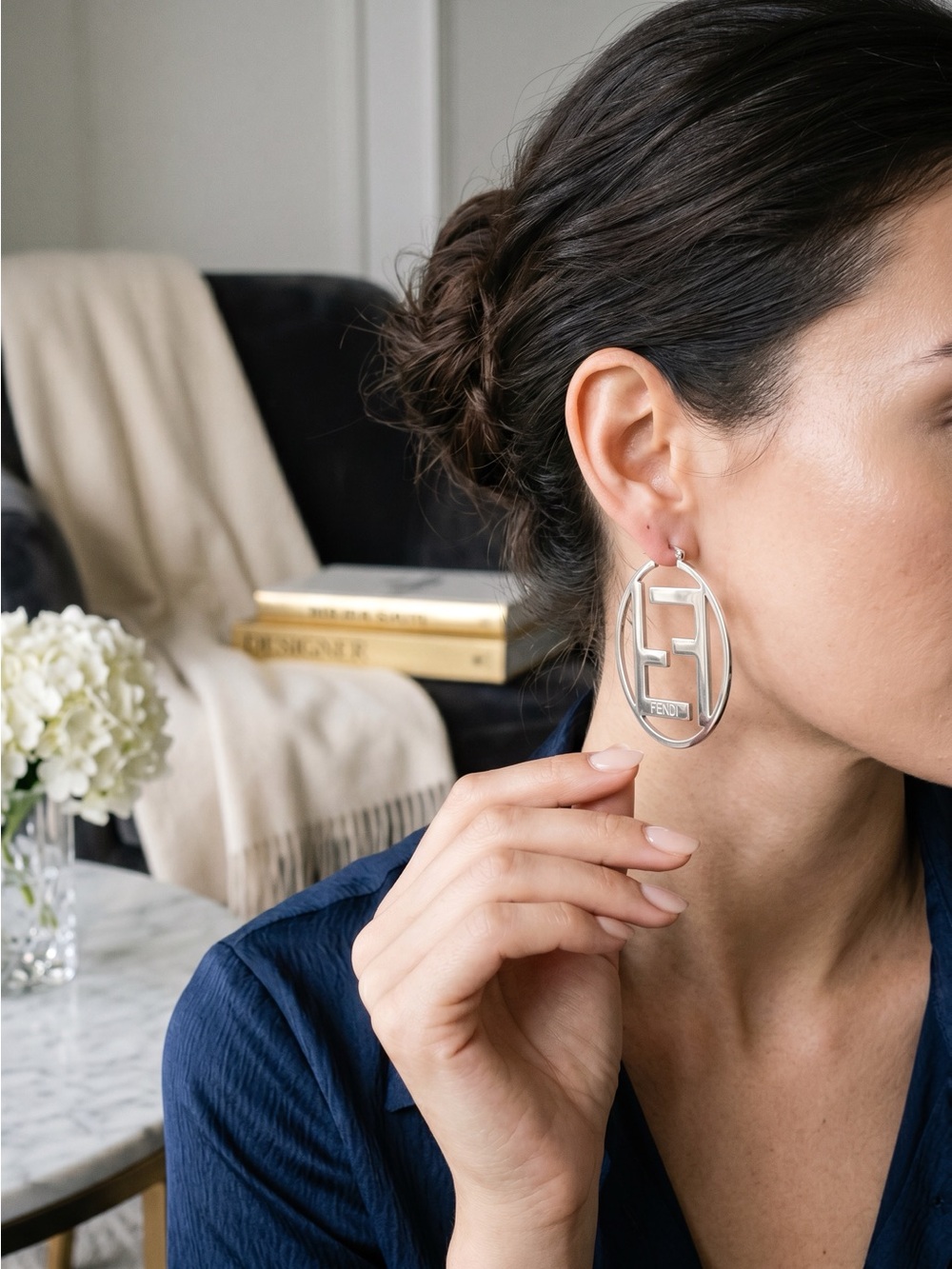 Fendi Silver Oval Logo Drop Earrings